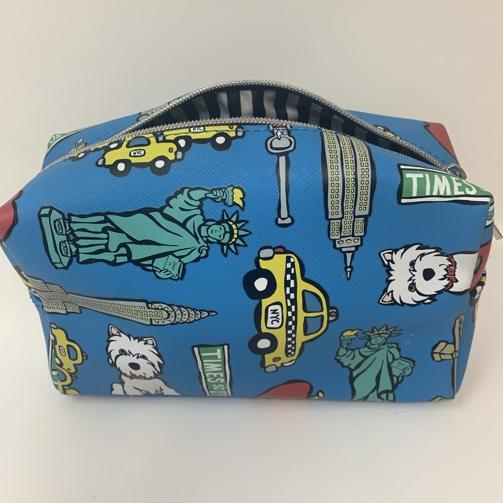 Marc Tetro New York City Cosmetic Bag Blue Westie Taxi‎ Statue of Liberty Pouch